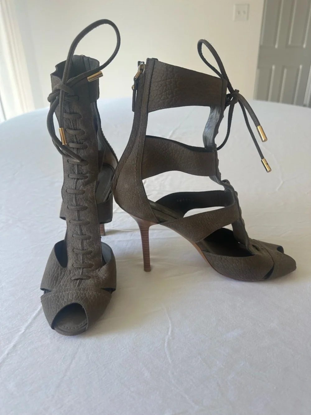 Louis Vuitton Taupe Lace-Up Peep-Toe High Heels - Picture 3 of 5
